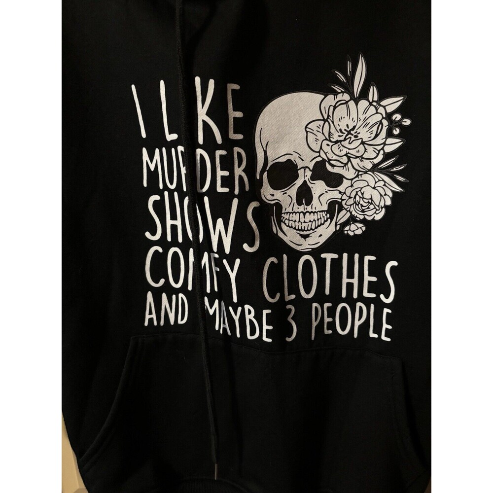 I Like Murder Shows Black Pullover Sweatshirt Hood Skull Halloween Size M Preown - Picture 2 of 5
